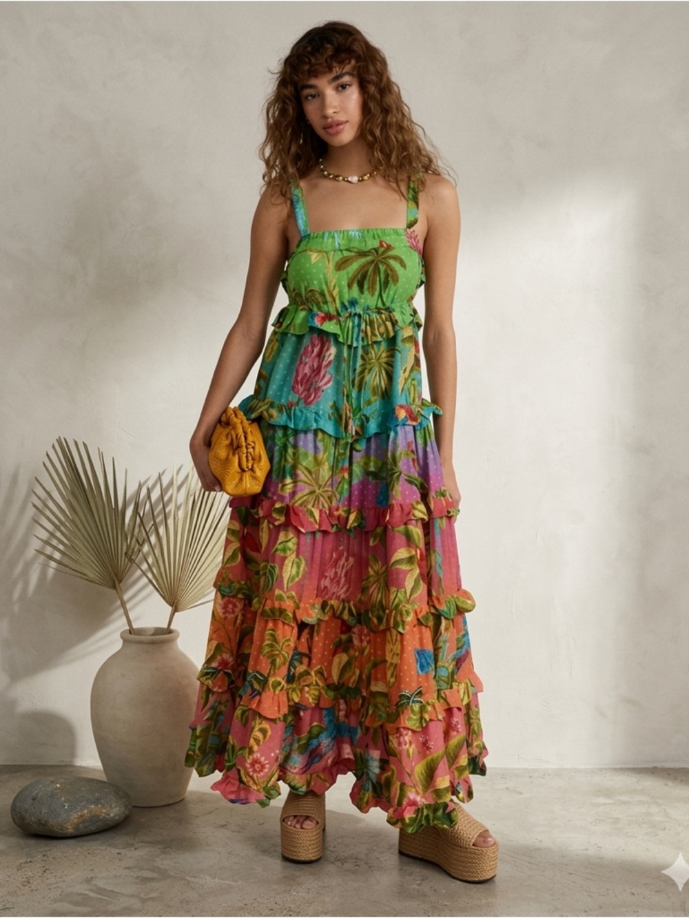 Farm Rio Ombre Forest Maxi Dress XS Multicolor Tiered NWT